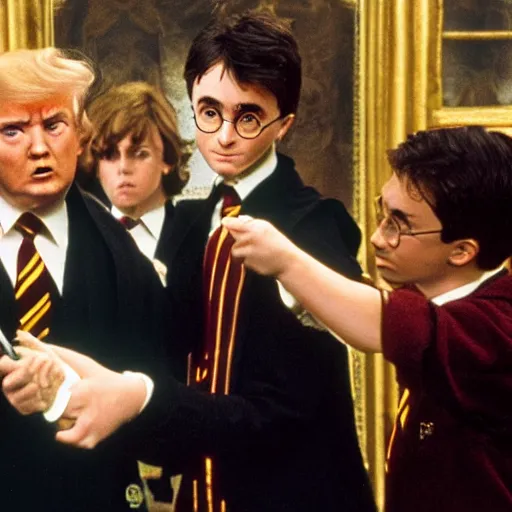 Prompt: harry potter using his magic wand to remove donald trump's suit, realistic photo.