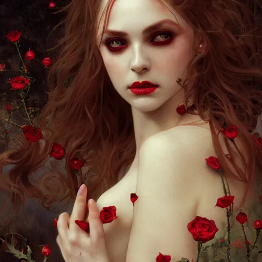 Image similar to portrait of beautiful vampire, thorns everywhere, rose petals, headshot, pale skin, 4k, rule of thirds, extreme detail, detailed drawing, trending artstation, hd, fantasy, D&D, realistic lighting, by Alphonse Mucha, Greg Rutkowski