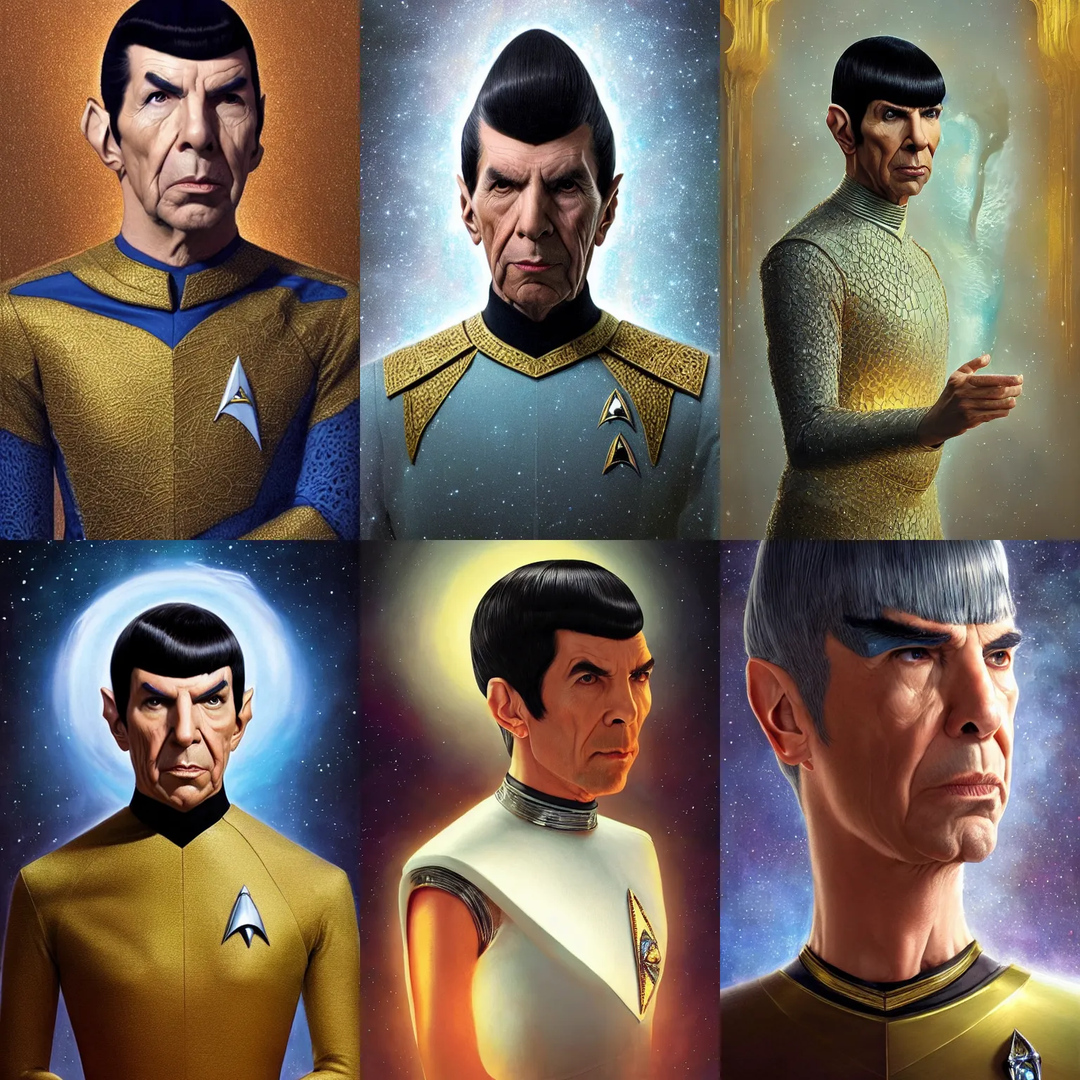 Prompt: photorealistic portrait photo of spock as a glorious regal space king, sleek outfit, upper body, pointed years, fantasy, handsome, leonard nimoy age 3 5, depth of field, intricate details, realistic, national geographic cover, soft glow, textured, artstation, concept art, sharp focus, illustration, art by artgerm, greg rutkowski, alphonse mucha