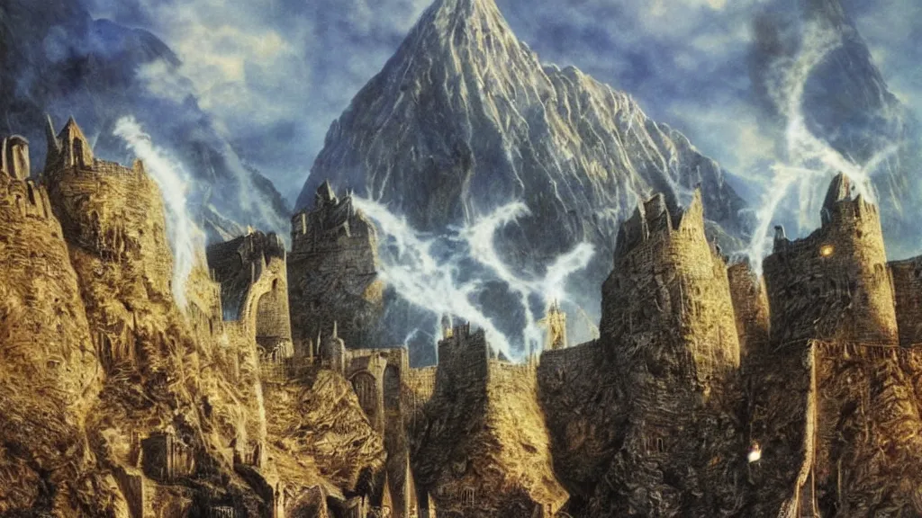 Image similar to beautiful helms deep, hornburg lit by sunshine on a bright day, by alan lee, intricate, smoke trails, lord of the rings calendar, smooth, detailed terrain, oil painting