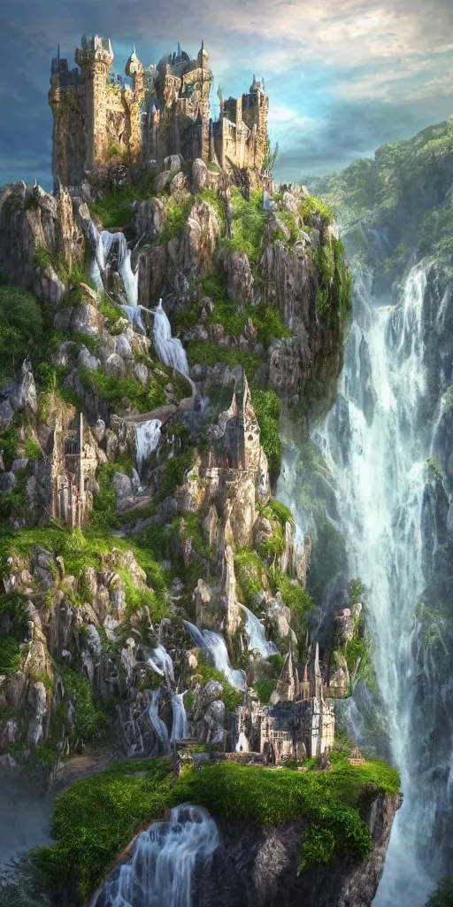 Image similar to a beautiful fantasy landscape of a large majestic castle adorned with gold linings and white marble walls from DND with lots of towers bridges and levels on top of a lush cliff with a huge waterfalls in the middle, ruins of structures at the bottom, afternoon light streaking with god rays, Dungeons and Dragons Castle, ornate, detailed, octane render, 8k, trending on artstation deviantart google images, pinterest, canon 35mm lens