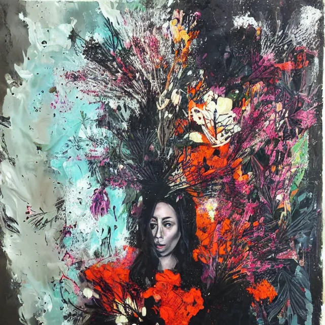 Image similar to “ a portrait in a female art student ’ s apartment, australian wildflowers, sensual, queer woman, flax, flannel flower, bottlebrush, eucalyptus, charred, bushfire, new leaves, art supplies, a candle dripping white wax, aboriginal art, berry juice drips, acrylic and spray paint and oilstick on canvas, surrealism, neoexpressionism ”