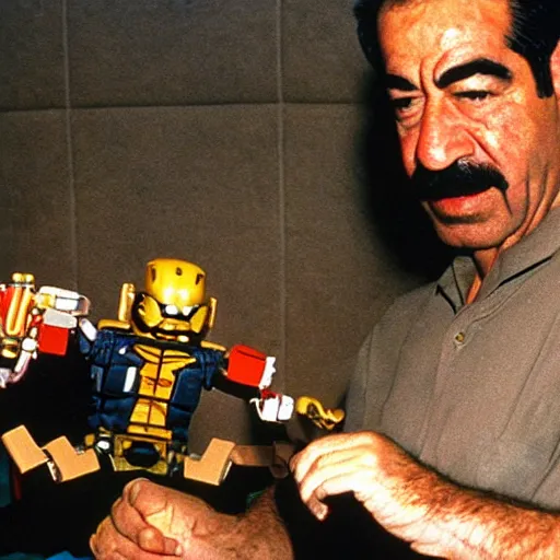 Image similar to saddam hussein playing with bionicle, christmas morning photo, 1990