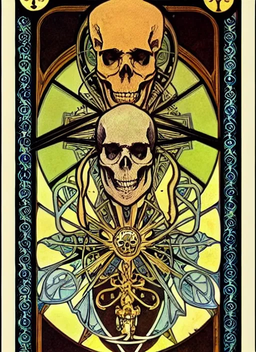 Prompt: symmetry!! a tarot card with a skull, intricate, highly detailed, ornate, aesthetic, alphonse mucha