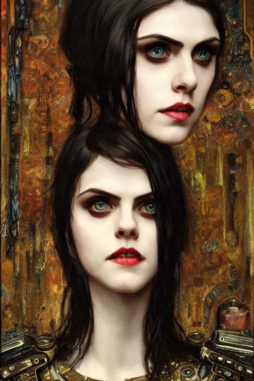 Image similar to portrait of beautiful gothic Alexandra Daddario, cyberpunk, Warhammer, highly detailed, artstation, illustration, art by Gustav Klimt