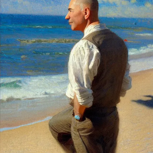 Image similar to detailed cinematic shot of jeff bezos with white clothes in the mediterranean beach, spring light, painting by gaston bussiere, craig mullins, j. c. leyendecker