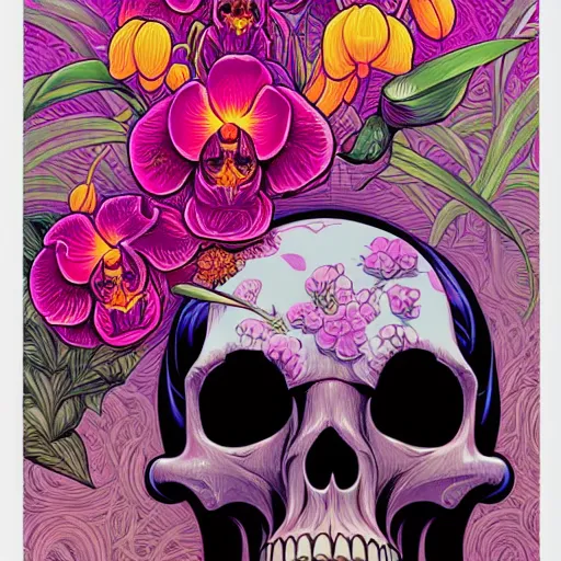 Image similar to ortographic view of a large skull and vivid orchids by Jen Bartel and Dan Mumford and Satoshi Kon, gouache illustration