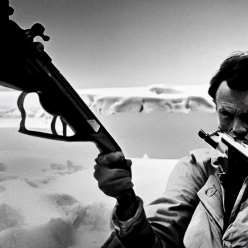 Image similar to a high quality filmic action horror movie style photograph of a man holding a double barreled shotgun to his own face in 1982 antarctica