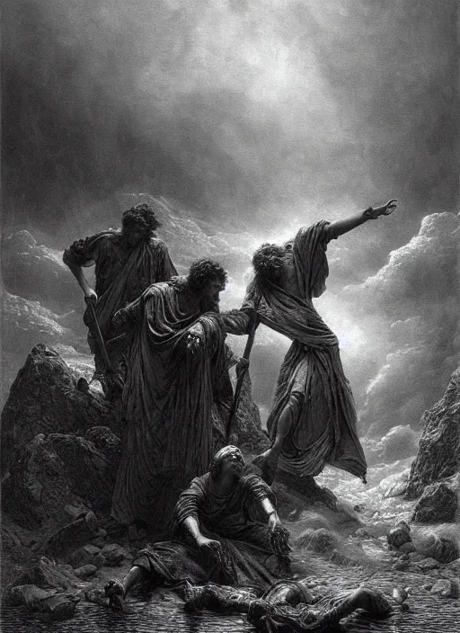 Image similar to pain, epic scene, photorealistic, highly detailed, texture, soft light, dramatic, moody, ambient, painting by gustave dore