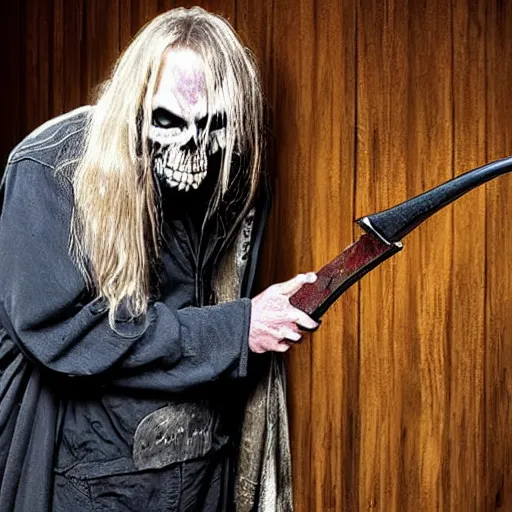 Image similar to bill moseley stealing the grim reaper's weapon, realistic horrors