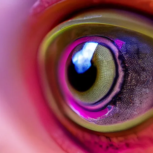 Prompt: a close up of a pink animal's eye, a macro photograph by Otto Pilny, featured on zbrush central, pop surrealism, macro photography, macro lens, trypophobia