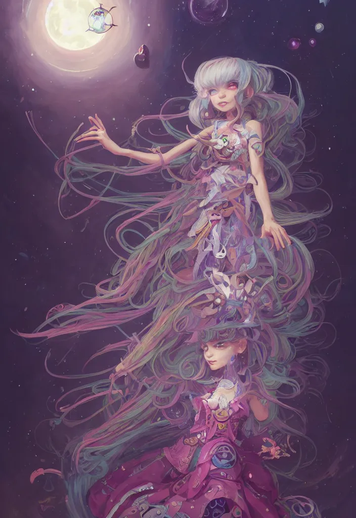 Image similar to full body picture of an maximalist dress magical girl, neat hair with bangs, smug face, extremely beautiful and aesthetic and detailed cute face and eyes, wipe out evils with cute astronaut familiar sprites, aming the magical beams to the camera, chiaroscuro, intricate, masterpiece, epic fantasy illustrations by peter mohrbacher and anato finnstark and jeremy lipking