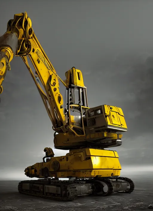 Image similar to a photorealistic dramatic hyperrealistic render of a futuristic exosuit power excavator heavy machinery, ultra realistic details, glossy yellow, well worn, rust, oil stains by vitaly bulgarov and mike nash, beautiful dramatic dark moody tones and lighting, cinematic atmosphere, studio lighting, global illumination, shadows, dark background, octane render, 8 k