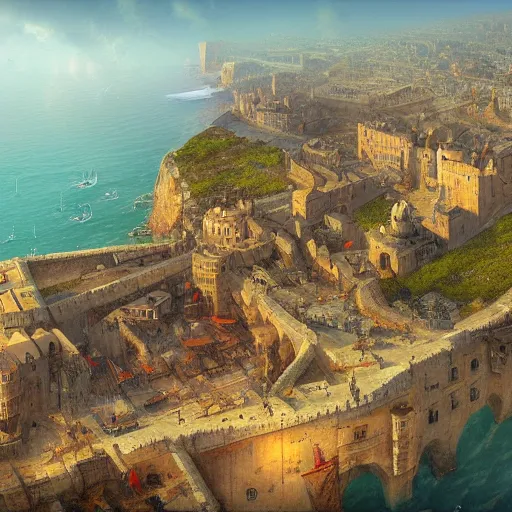Image similar to Digital art of a large medieval coastal capital, bird's eye view drone Marc Simonetti
