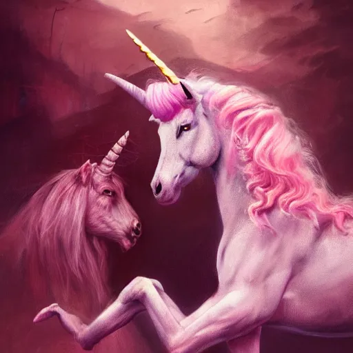 Image similar to A beautiful pink unicorn with a old goat, fantasy, portrait, oil on canvas, masterpiece, trending on artstation, cinematic composition, dramatic pose, beautiful lighting, sharp, details, hyper-detailed, HD, HDR, 4K, 8K