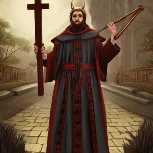 Prompt: an extremely detailed tarot card of a horned devil christian cleric dressed in a catholic priest's cassock, preaching in a fantasy city, tiefling from d & d carrying a large wooden cross, fantasy, fantasy tavern background, 4 k, artstation, detailed, realistic, in the style of magic the gathering and anime