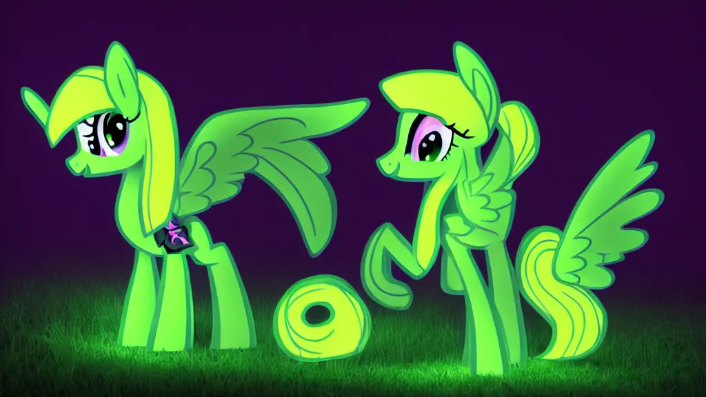 Image similar to 3D Fluttershy from My Little Pony as a necromancer, standing over a dead pony, bright green swirls coming up around her, glowing aura, pitch black background, dramatic and colorful lighting, she is surrounded by green chibi glowing skulls, smoke all around, unrealengine, 4k, HDR, side angle, body lying on the ground