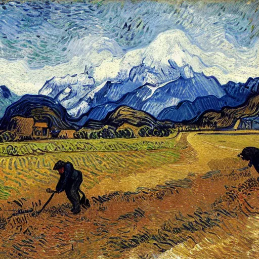 Prompt: peasants working in fields in front of aoraki mt cook, new zealand, painted by vincent van gogh