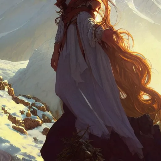 Prompt: Varda on Mount Taniquetil in Valinor, portrait, highly detailed, digital painting, artstation, concept art, sharp focus, illustration, art by artgerm and greg rutkowski and alphonse mucha