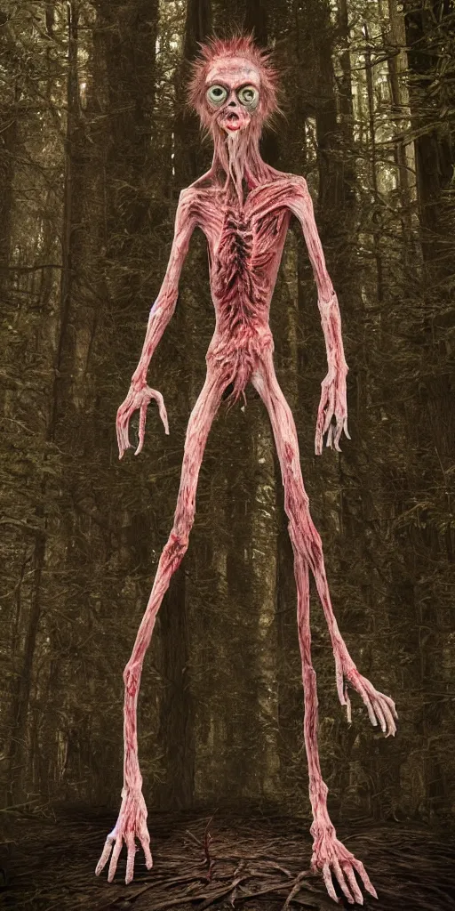 Prompt: photorealistic ultra detailed tall skinny humanoid creature with fur and blood dripping and brain out, the woods, night, extremly detailed, 8 k, realistic, sharp focus, cosmic horror creature, cosmic horror, from the movie the thing, zombie, surreal creature