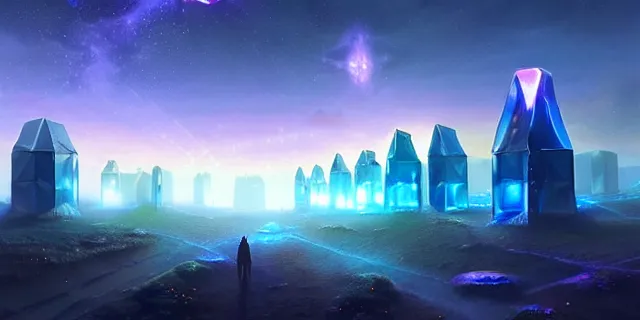 Image similar to a fleet of interconnected giant glowing futuristic crystal cubes in the sky, a fantasy magical landscape seen in the distance, atmospheric lighting, intricate, volumetric lighting, beautiful, sharp focus, ultra detailed, in the art style of marc simonetti, bowater charlie and brom gerald, astrophotography