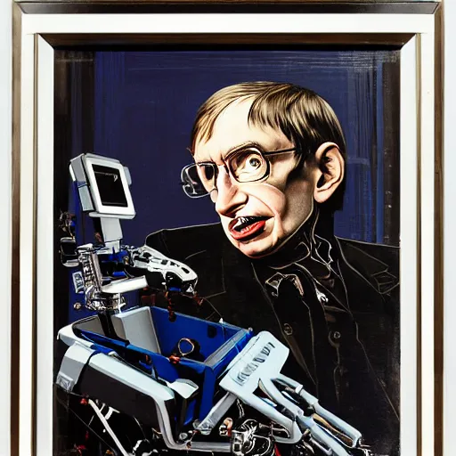 Image similar to portrait of stephen hawking as a stempunk cyborg, clockwork automaton, hanafuda oil on canvas by ivan shishkin, james jean and yoji shinkawa