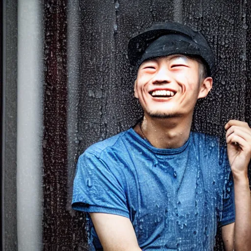 Image similar to a 2 5 years old chinese man, wearing a blue cap, smiling creepy, while looking trought a window, in the rain