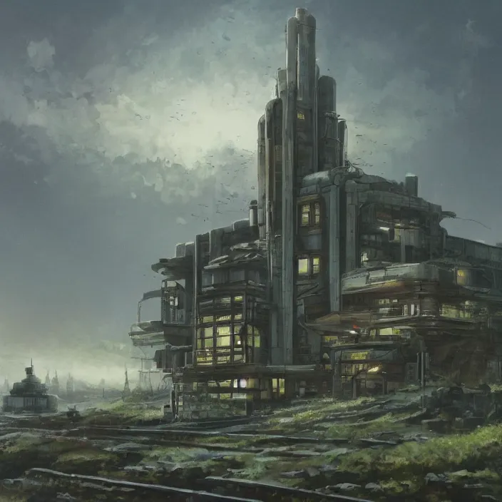 Image similar to a building in a serene landscape, dieselpunk