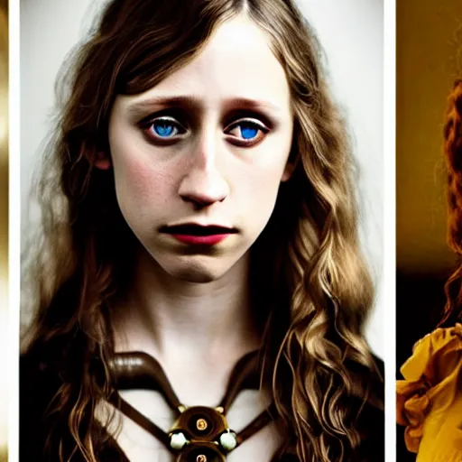 Image similar to in the style of pedro campos, beautiful taissa farmiga, steampunk, elegant pose, middle shot waist up, symmetrical face symmetrical eyes, cinematic lighting, detailed realistic eyes, short neck, insanely detailed and intricate elegant