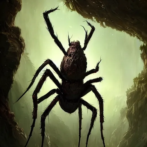 Prompt: a spider with ent body, spider shape, by greg rutkowski, magic the gathering, highly detailed, matte painting, digital art