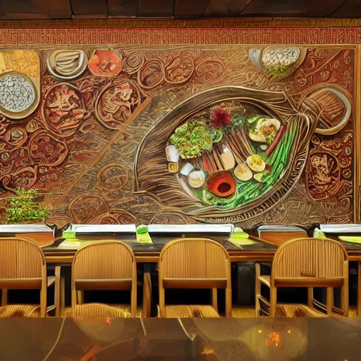 Prompt: a beautiful hyperdetailed 4 k hd wallpaper illustration interior of roasted string hotpot restaurant restaurant yan'an, wall painting, from china, with merchant logo, fine delicate structure, chinese style, victo ngai