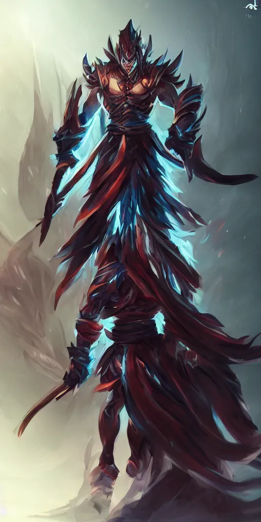 Image similar to nightbringer yasuo confident standing pose, ultra details background trending on artstation bloom digital painting splashart drawn by a professional artist