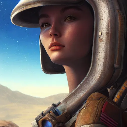 Image similar to beautiful girl staring at an alien landscape, character portrait, james gurney, character concept style trending on artstation, detailed face, concept art, detailed, octane render cinematic, photo-realistic, 8k, high detailed