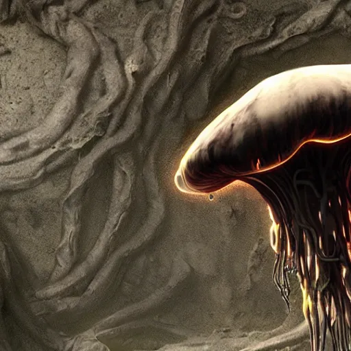 Prompt: horror alien mushroom with tendrils, oozing black goo, unreal engine