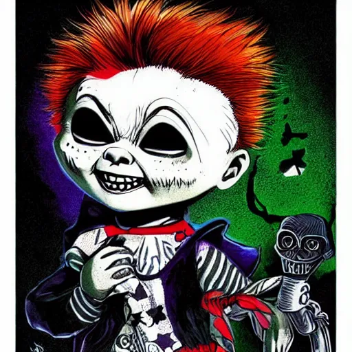 Prompt: a macabre chucky by tim doyle and tim burton, from nightmare before christmas | detailed | elegant | trending on artstation