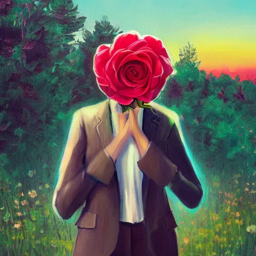 Image similar to portrait, giant rose flower head, girl in a suit, surreal photography, sunrise, blue sky, dramatic light, impressionist painting, digital painting, artstation, simon stalenhag