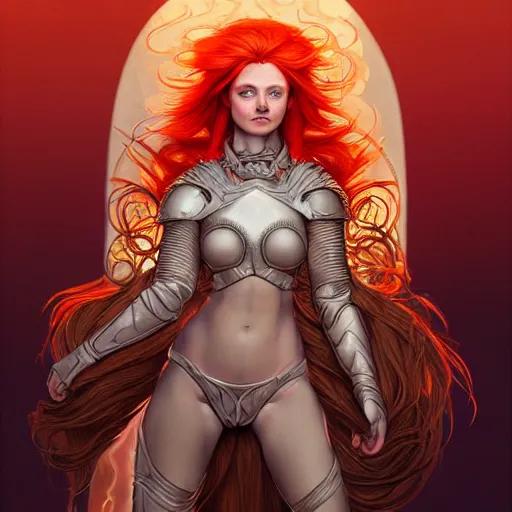 Prompt: a beautiful young fire wizard with fire red hair, freckles. wearing armor inspired by giger with an exposed midriff, standing on a mountain top with epic clouds and volumetric lighting. intricate illustration and highly detailed digital painting. concept art by artgerm. inspired by alphonse mucha, brom art, and larry elmore.
