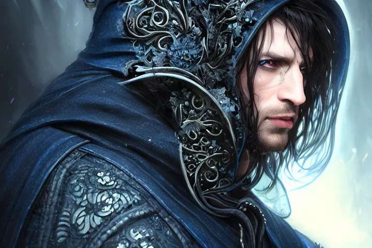 Image similar to ultrarealistic male mage dark infected face portrait fighting, long black hair blue eyes wearing leather mantle gothic navy cloak with leather details, infected plants, octane render, extreme intricate details, elegant, cinematic lighting, highly detailed, artstation, dnd fantasy character art, cgsociety, sharp focus, beautiful digital painting by artgerm, gerald brom, wlop, alphonse mucha