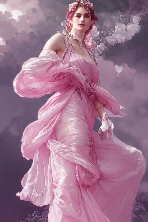 Image similar to woman dressed in a vaporous wrapped large victorian pink roses silk semi-transparent dress fashion is running D&D, fantasy, intricate, elegant, highly detailed, digital painting, artstation, concept art, matte, sharp focus, illustration, art by Artgerm and Greg Rutkowski and Alphonse Mucha