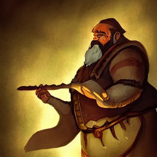 Prompt: fantasy dwarf on an epic quest holding a baguette. epic fantasy drawing. epic lighting.