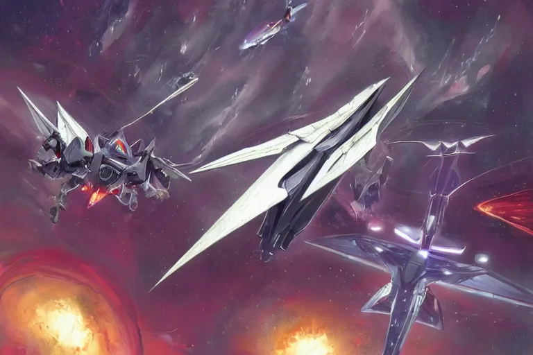 Image similar to gnostic space nebula framing a pteranodon mecha interceptor, small against the backdrop of space, white john berkey armor panels, wine-red and grey trim, robotech styling, with white Kanji markings outlined in black, boeing concept art painting, cinematic lighting, amazing lifelike cinematic photo render, brightly lit