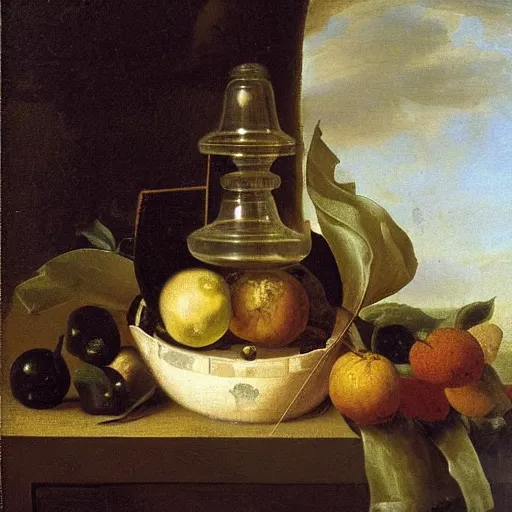 Prompt: gravity bong in still life. dutch masters, 1 8 th century. oil on canvas