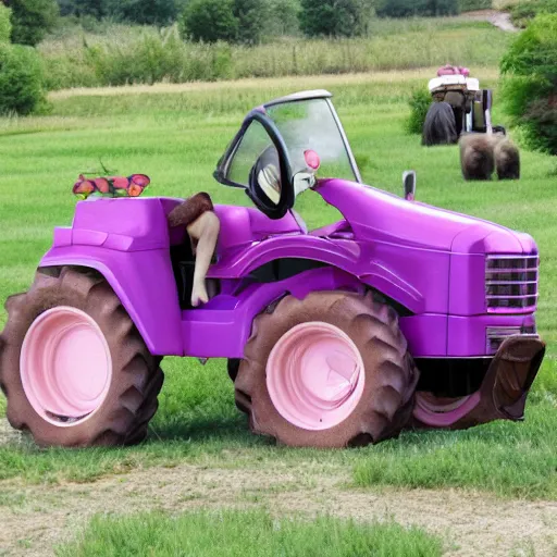 Prompt: a farmer in a purple velour jumpsuit in a very soft persian pink plush john deere with pluche