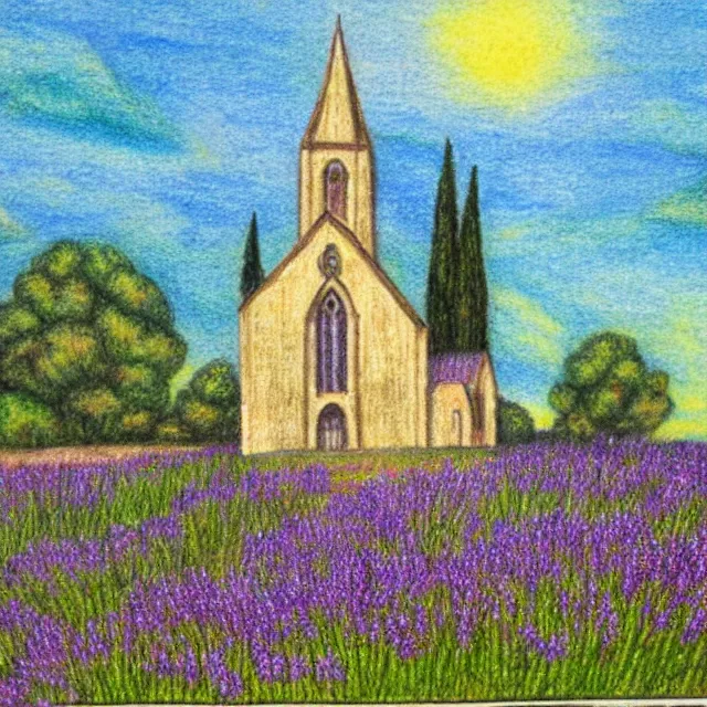 Prompt: abandoned gothic church near a lavander field mediterranean landscape, colored pencil drawing