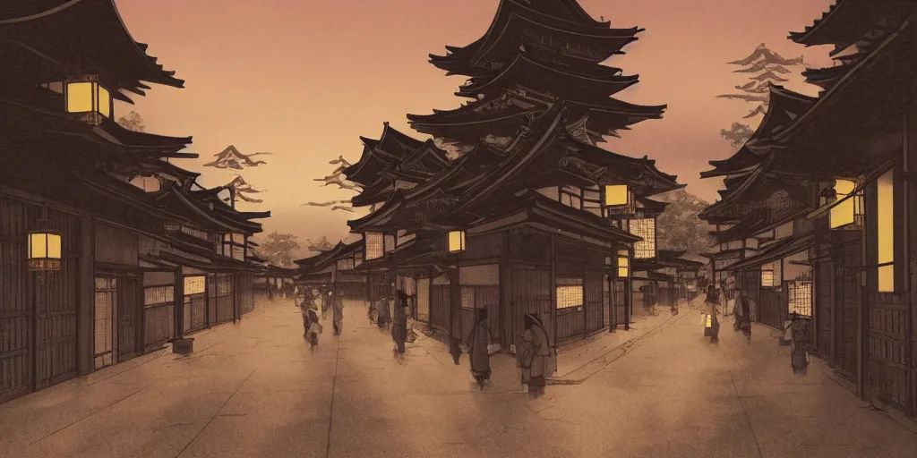 Image similar to feudal japan tokyo street at dusk, on a postcard!!!!!!!!, cinematic lighting!!, 4k, trending on artstation, intricate illustration, fast sketch!!!, rough, ultra detailed, art by albert bierstadt