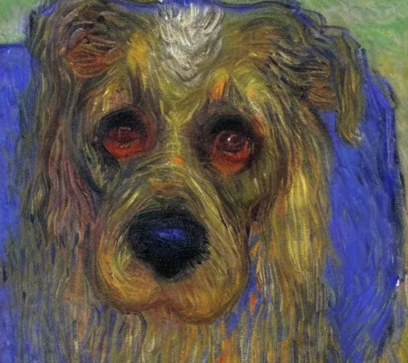 Image similar to studio portrait of a wizened old dog, extremely detailed; oil painting by Claude Monet