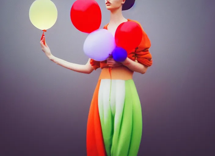 Image similar to landscape, a young caucasian woman between the ages of 2 0 - 2 5 years, wearing clothes made of balloons, fine art, modern realism, sharp focus, good lighting, trending on artstation, trending on tiktok, smooth drawing, elegant, dignified, without anomaly.