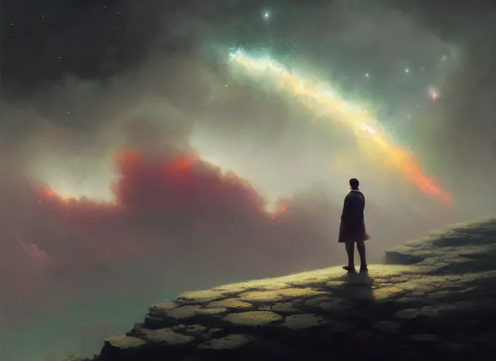 Prompt: dark silhuette of a man standing on a gray dull cliff looking out into a colorful cosmos, clouds, stars, rings, beautiful lighting, vivid colors, intricate, elegant, cgsociety, artstation trending, oil painting by greg rutkowski, by artgerm, by wlop