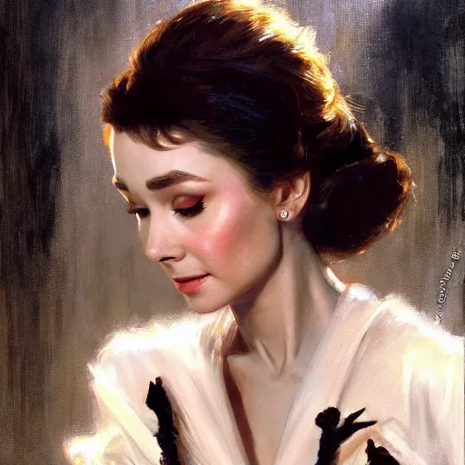 Image similar to detailed realistic cinematic wide shot of beautiful attractive audrey hepburn lilly collins vampire woman wearing black bath robe slim face symettrical face clean skin black eyes black robe smooth, sharp focus, ultra realistic, spring light, painting by gaston bussiere, craig mullins, j. c. leyendecker