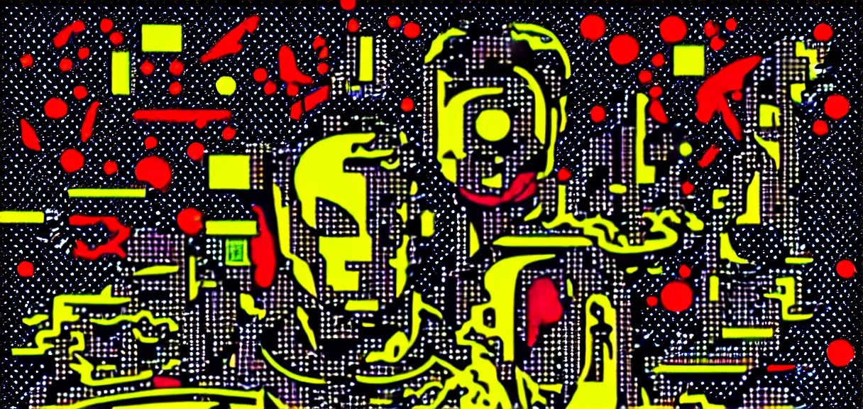 Image similar to ⚠ 👽 💉 ☠ 💢 😱 futuristic japanese cyberpunk by roy lichtenstein, by andy warhol, ben - day dots, pop art, bladerunner, pixiv contest winner, cyberpunk style, cyberpunk color scheme, mechanical, high resolution, hd, intricate detail, fine detail, 8 k